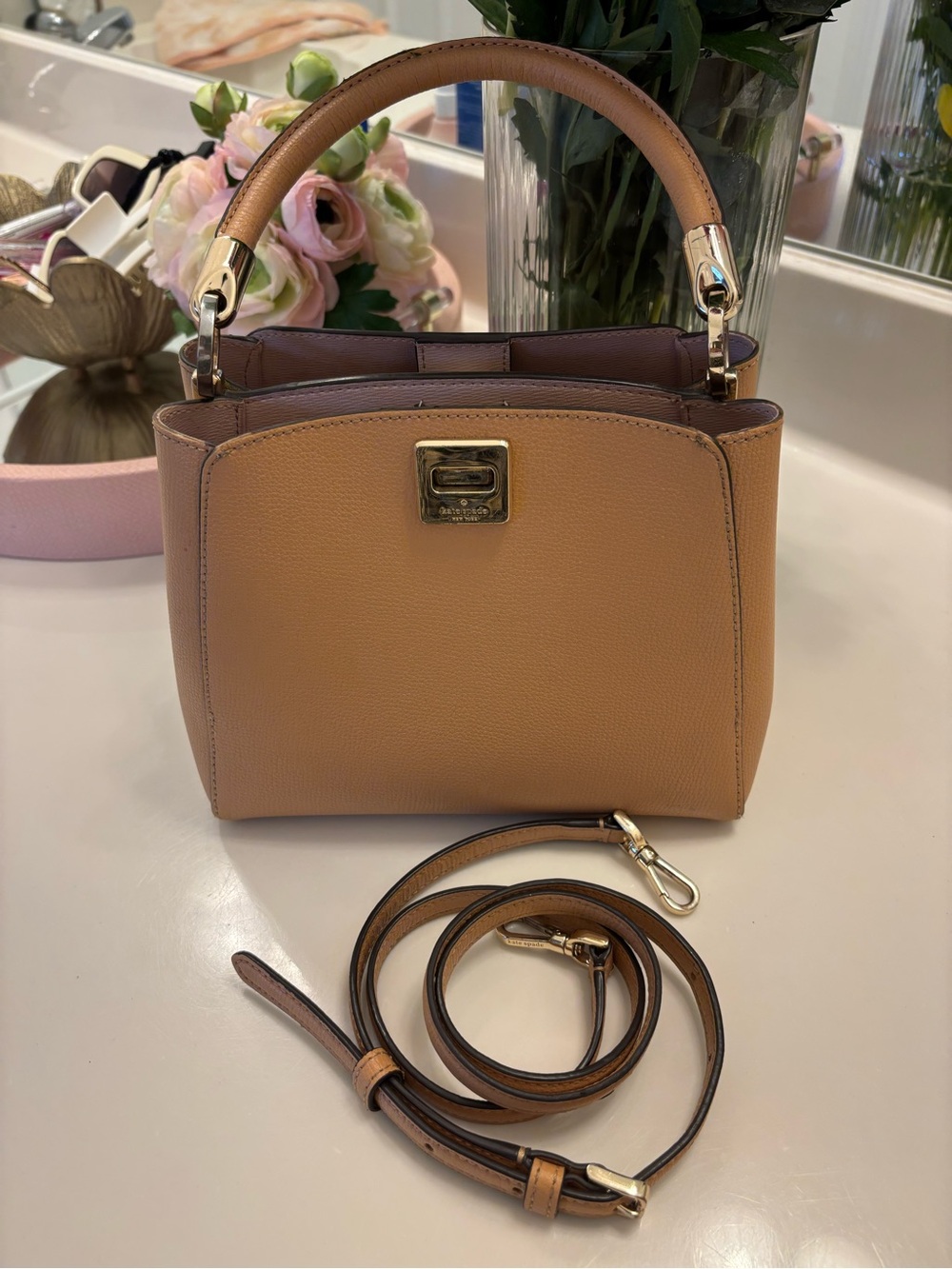 kate spade Tan Leather Top-Handle Satchel with Gold Hardware